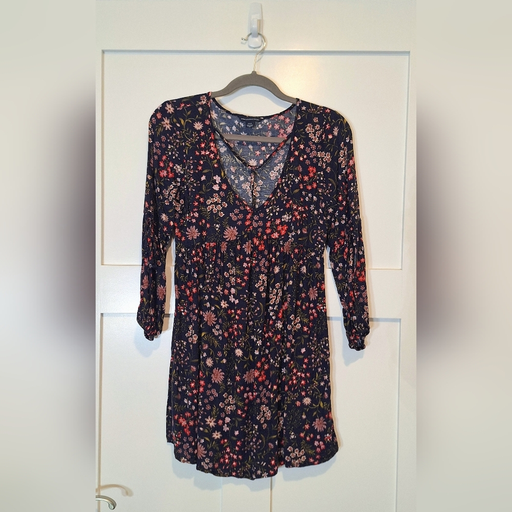 American Eagle Outfitters Babydoll Flora Boho Mini Dress 3/4 Sleeves Navy Small